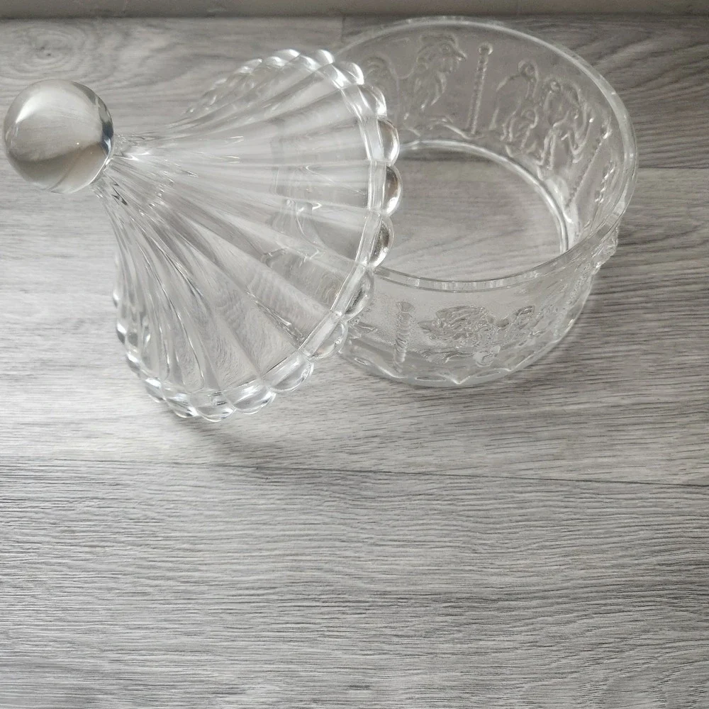 Vintage Clear‎ Pressed Glass Carousel Trinket Box Lidded Candy Dish Horse Swan
